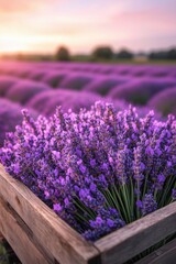 Lavender blooms in wooden crate during sunset at a serene lavender field