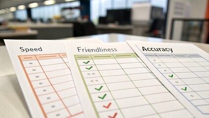 customer experience operations insight, Performance evaluation sheets focus on speed, friendliness, and accuracy in a professional setting.