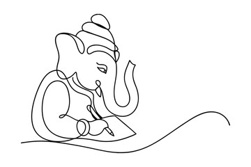 Continuous Line Drawing Of Lord Ganesha Writing Minimalist Design And Isolated