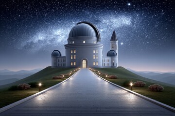 Obraz premium A telescope observatory on a remote mountain under a star-filled sky