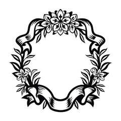 Monochromatic Floral Wreath with Ribbon, Ornamental Design, Silhouette Style, Flowers
