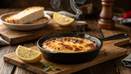 Traditional saganaki cheese sizzling in pan with lemon wedges