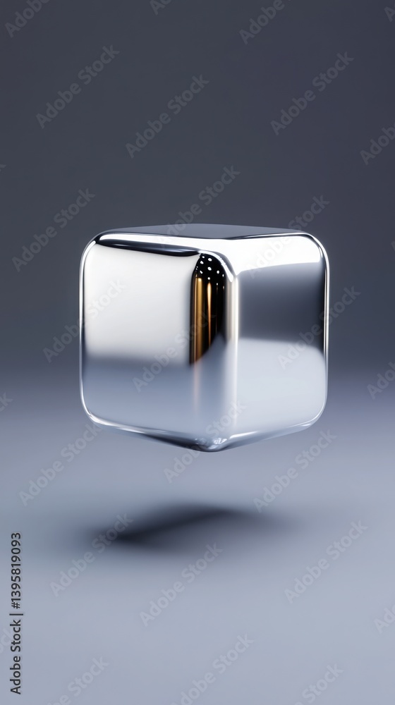 Poster a futuristic 3d silver cube with a mirror-like reflective surface, floating against a plain dark gra