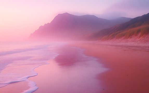 Pink sunrise over misty beach and mountains.