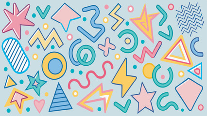 Modern Basic Shapes Set — Star, Arrow, Triangle, Circle, Heart, Zigzag, Spiral, and Wavy Lines. Trendy Memphis Geometric Pattern with a Cool Abstract Retro 80s, 90s Style. Fun and Cute Doodle Design f
