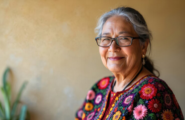 Mature woman in traditional dress from indigenous community. Smiling female with glasses. Portrait of happy, senior lady. Ethnic textile vibrant floral ornaments. Latin culture, latin america.