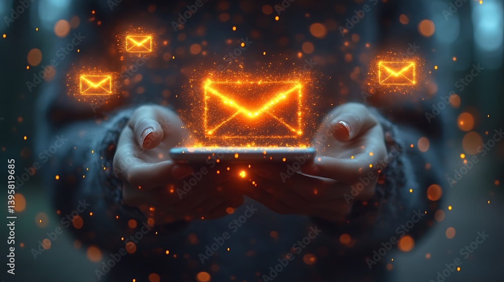 Poster woman uses cell device to access messages displayed with golden light effect and blurry background f