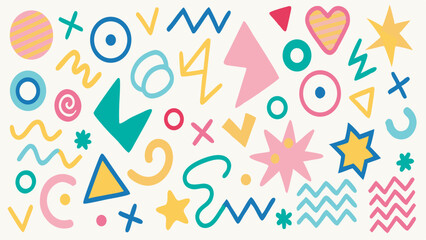 Modern Basic Shapes Set — Star, Arrow, Triangle, Circle, Heart, Zigzag, Spiral, and Wavy Lines. Trendy Memphis Geometric Pattern with a Cool Abstract Retro 80s, 90s Style. Fun and Cute Doodle Design f