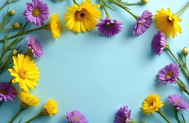 Vibrant yellow, purple flowers arrangement on pastel blue background. Fresh blooms, spring concept. Floral design for cards, posters, web banners, wedding invites. Flat lay with copy space.