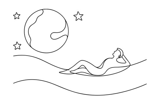 recommend clip art: Single Line Art Of Woman Relaxing In Hammock Under Starry Moonlit Sky