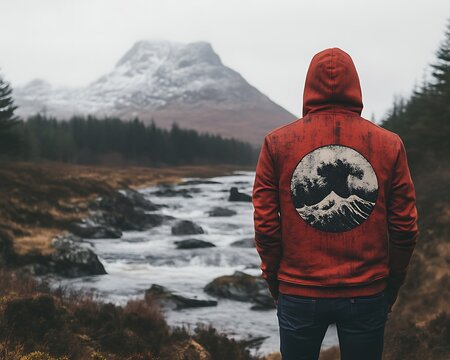 Person in red hoodie overlooking a river and mountain.