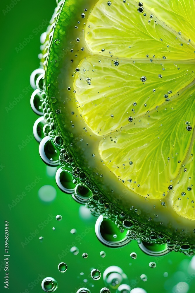 Poster a slice of lime floating in a bubbly green drink against a gray background.