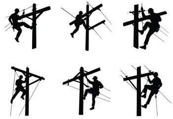 Silhouette Set of Utility Linemen Climbing and Working on Power Poles, Vector Illustration for Electrical Work and Maintenance Concepts.