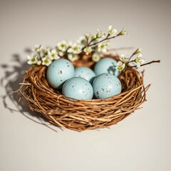 Obraz premium Colorful Easter eggs, a sweet spring holiday food, are nestled in a basket