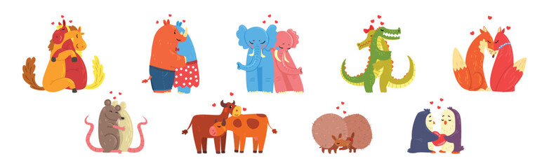 Animal Couple in Love Embrace and Hug Vector Set