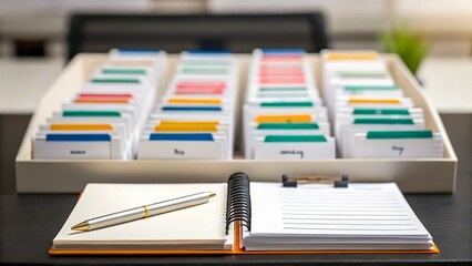 customer experience workflow tools, Organized index cards with a notebook and pen on a desk, symbolizing planning and productivity.