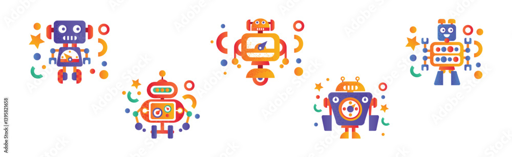 Poster colorful robot and cyborg with limb vector set