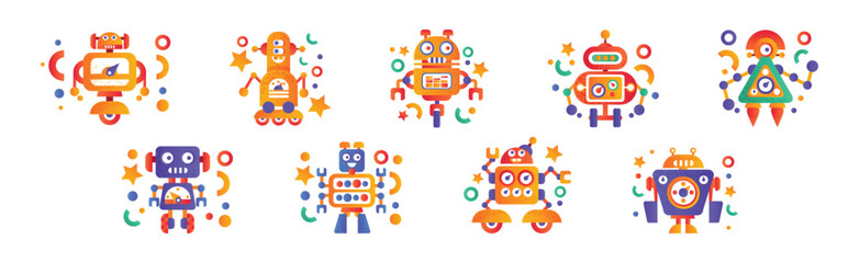 Fototapeta premium Colorful Robot and Cyborg with Limb Vector Set
