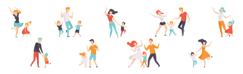 Parents Dancing with Their Children Moving Body Vector Set