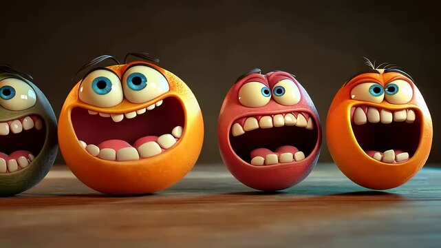 Delightful Digital Fruit Characters: A 3D Render of Joyful, Expressive Citrus Faces