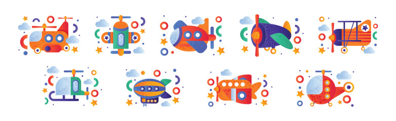 Flying Air Transport and Aircraft Vehicle for Travel and Journey Vector Set