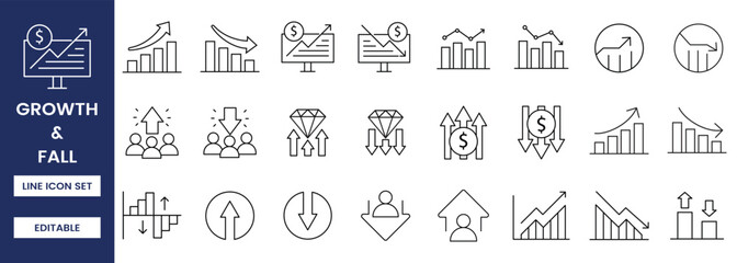 growth and fall icon set, increase and decrease icon set, vector, editable stroke