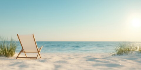Relaxing beach chair by the ocean under a clear sky at sunset