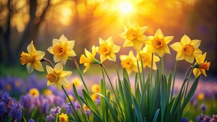 Golden daffodils bask in the warm glow of a sunset, surrounded by a field of purple wildflowers.