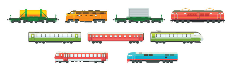 Wagon and Train as Railway Engine and Vehicle Vector Set © topvectors
