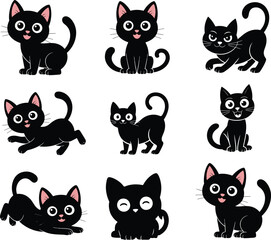 Fototapeta premium Cat silhouette set in different poses and playing cat vector illustration