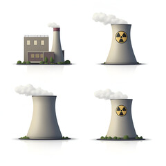Set of Nuclear Power Plant Factory Icon Atomic Fission Electrical Energy Radioactive Emission Alternative Electricity Thermal Facility Vector Illustration