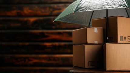 Packages protected by umbrella, wood background, safe delivery concept