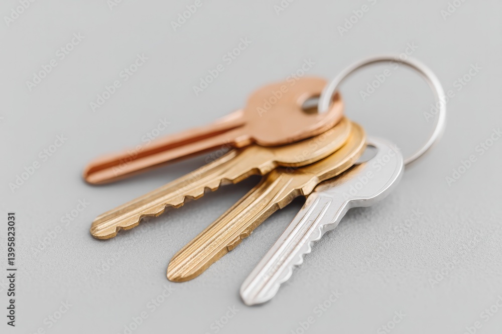 Poster large keyring with various keys placed on simple background