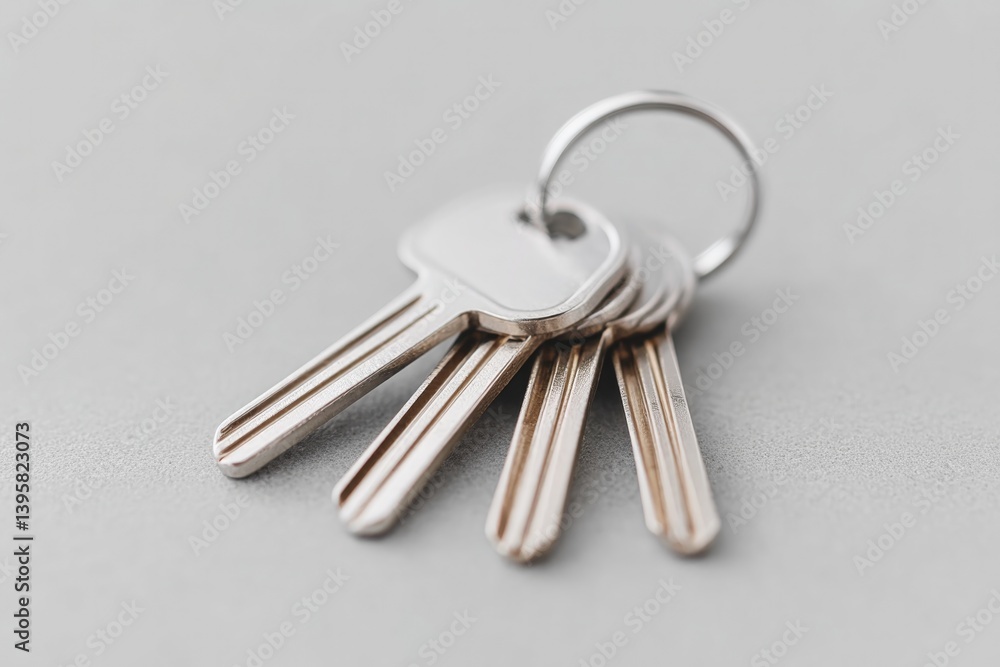 Poster large keyring with various keys placed on simple background