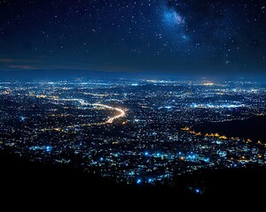 Fototapeta premium Night cityscape panorama under a starlit sky, showcasing a sprawling metropolis illuminated