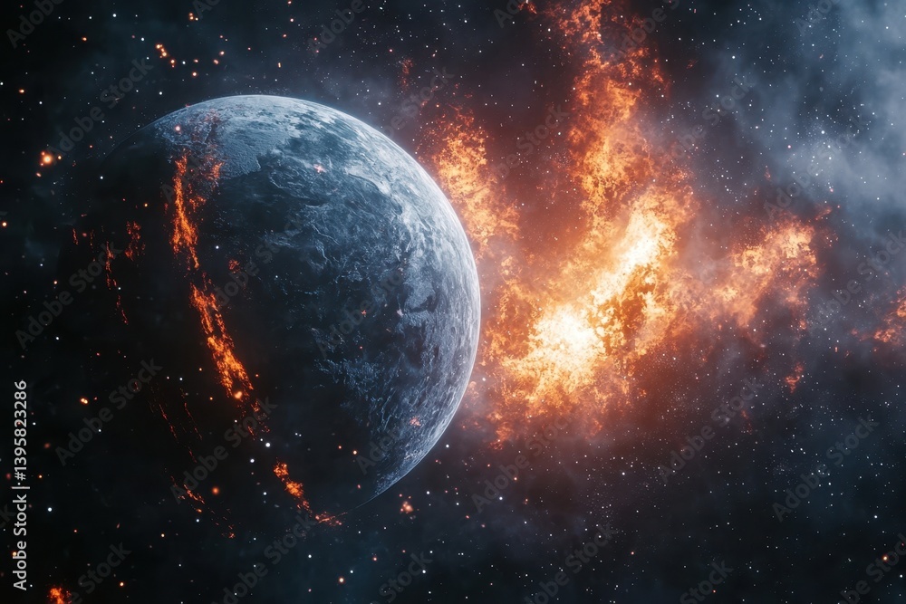 Poster planet in turmoil with fiery explosion in the distant cosmos during a cataclysmic event