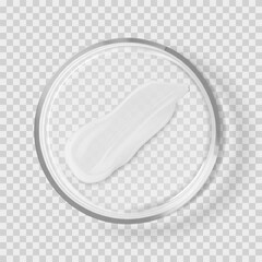 Glass Petri dish with niacinamide serum moisturizer gel cream stroke isolated realistic vector illustration. Concept laboratory tests and research