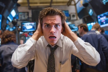 Obraz premium Stockbroker annoyed of big money stock fall because tariffs in stock exchange.