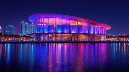 Night scene of a modern, curved glass building reflecting vibrant lights in calm water