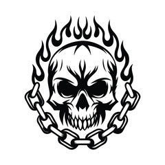 Skull with Flames and Chain, Black and White Silhouette, Skeleton Biker Design