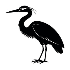 Obraz premium Silhouette of a heron on a white background, showcasing its elegant form and feathers in blue and grey, representing wildlife and nature, with a focus on its beak and wading posture