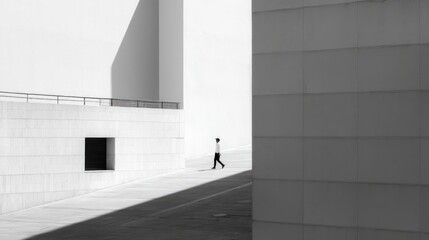 lone figure strolls down stark minimalist urban street shadows cast by modern architecture
