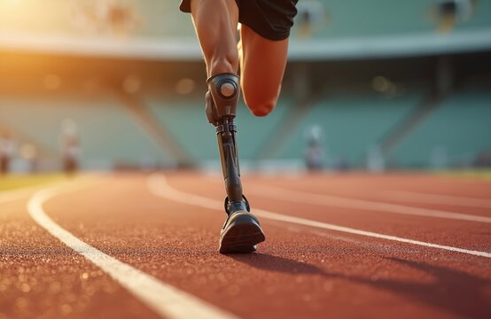 Close-up shot of disabled athlete running on track. Man with prosthetic leg runs at stadium during competition. Person exercises in athletics overcoming challenges showing strength and motivation.