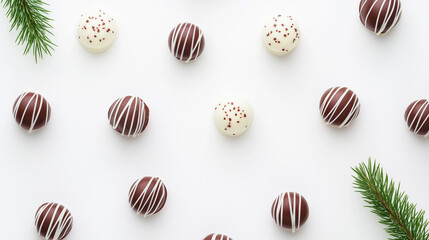 Assorted chocolate truffles with white and dark chocolate drizzles on white background, holiday flat lay with pine branches