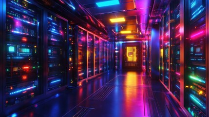 Fototapeta premium High-tech Quantum Server Network with Glowing Machinery