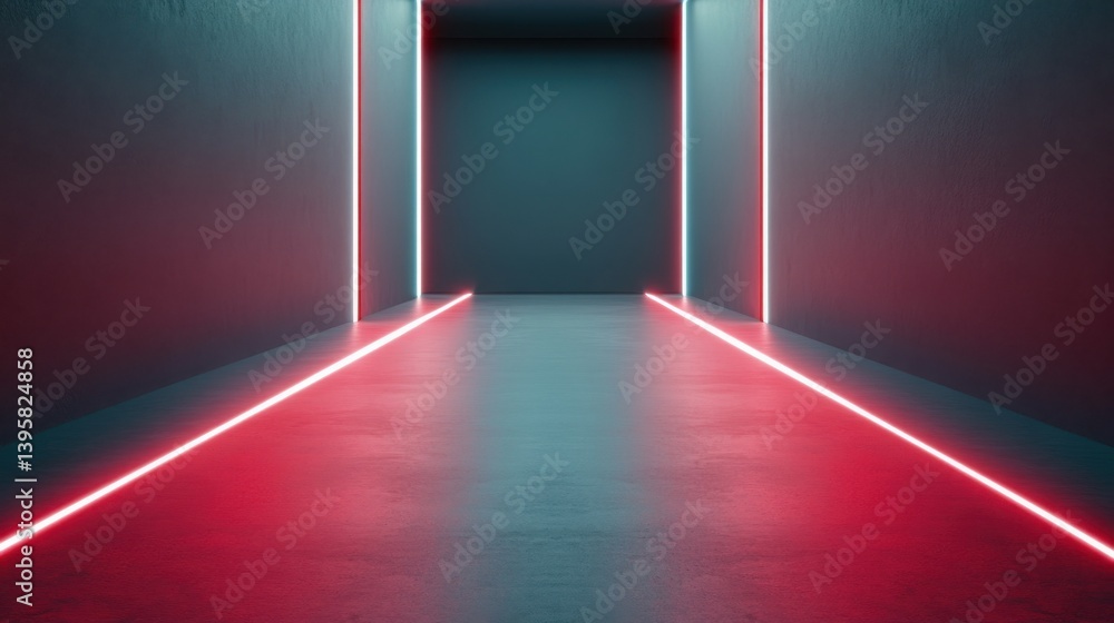 Poster a high-tech corridor illuminated by sharp red and cyan laser beams cutting through the darkness