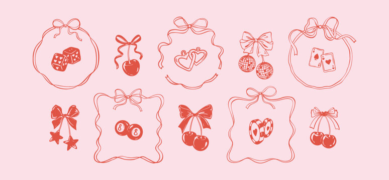Set of girly coquette flirtatious elements for valentines day, wedding, bachelorette party, birthday, casino, gambling designs. Feminine pink background. Bow ribbon cherries and whimsical frames