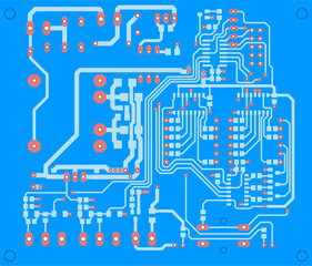 Tracing conductors of printed circuit board
of electronic device. Vector engineering 
drawing of pcb design. Electric background.
Computer technic cad project.