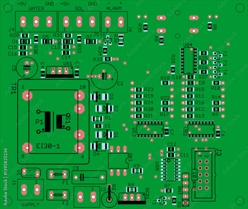 Poster placement of components of radio elements (contact pads and seats) on printed circuit board of elect