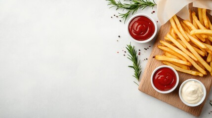 Enjoy delicious golden French fries paired with ketchup and mayonnaise, elegantly arranged on a wooden board with rosemary